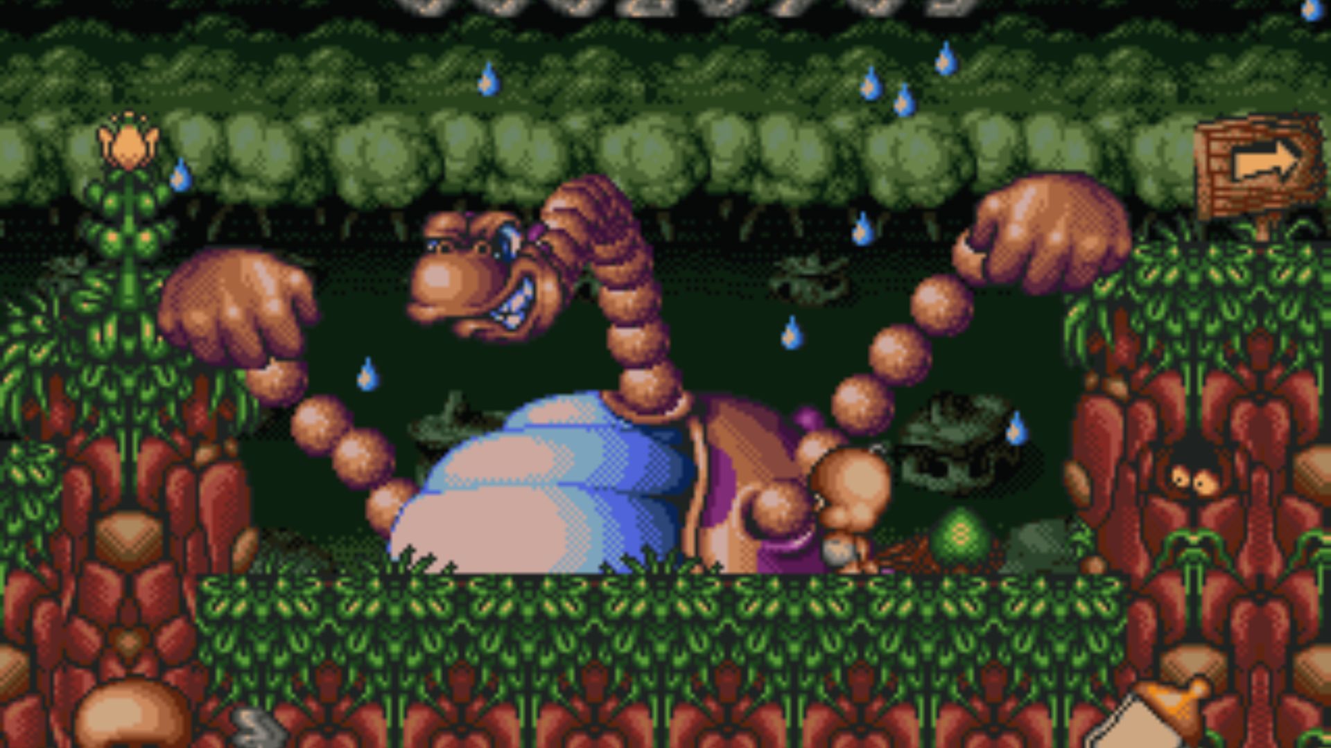 Snake boss with fists rises in jungle cave, Dynamite Headdy Master System platformer boss battle