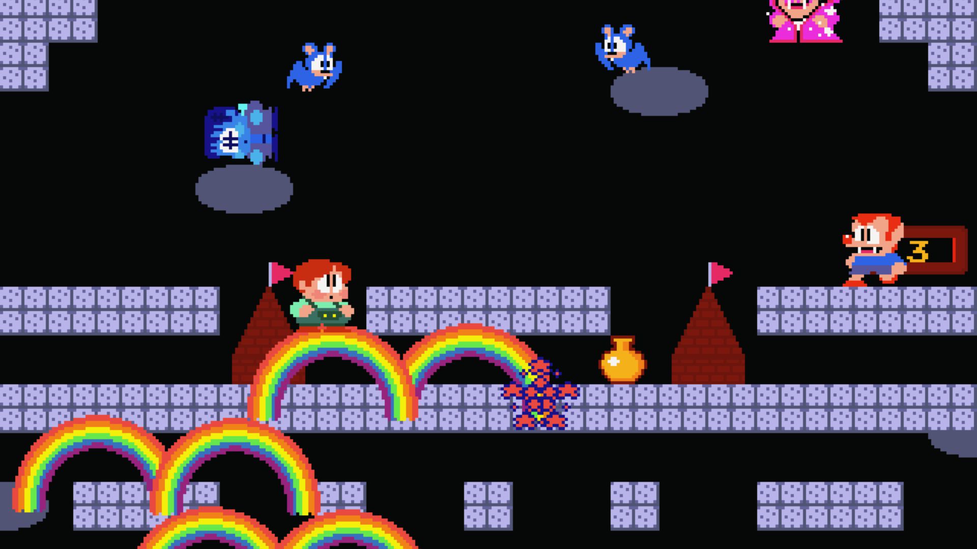Boy stands on rainbow bridges fighting bats and vampires, Rainbow Islands Master System platformer fun