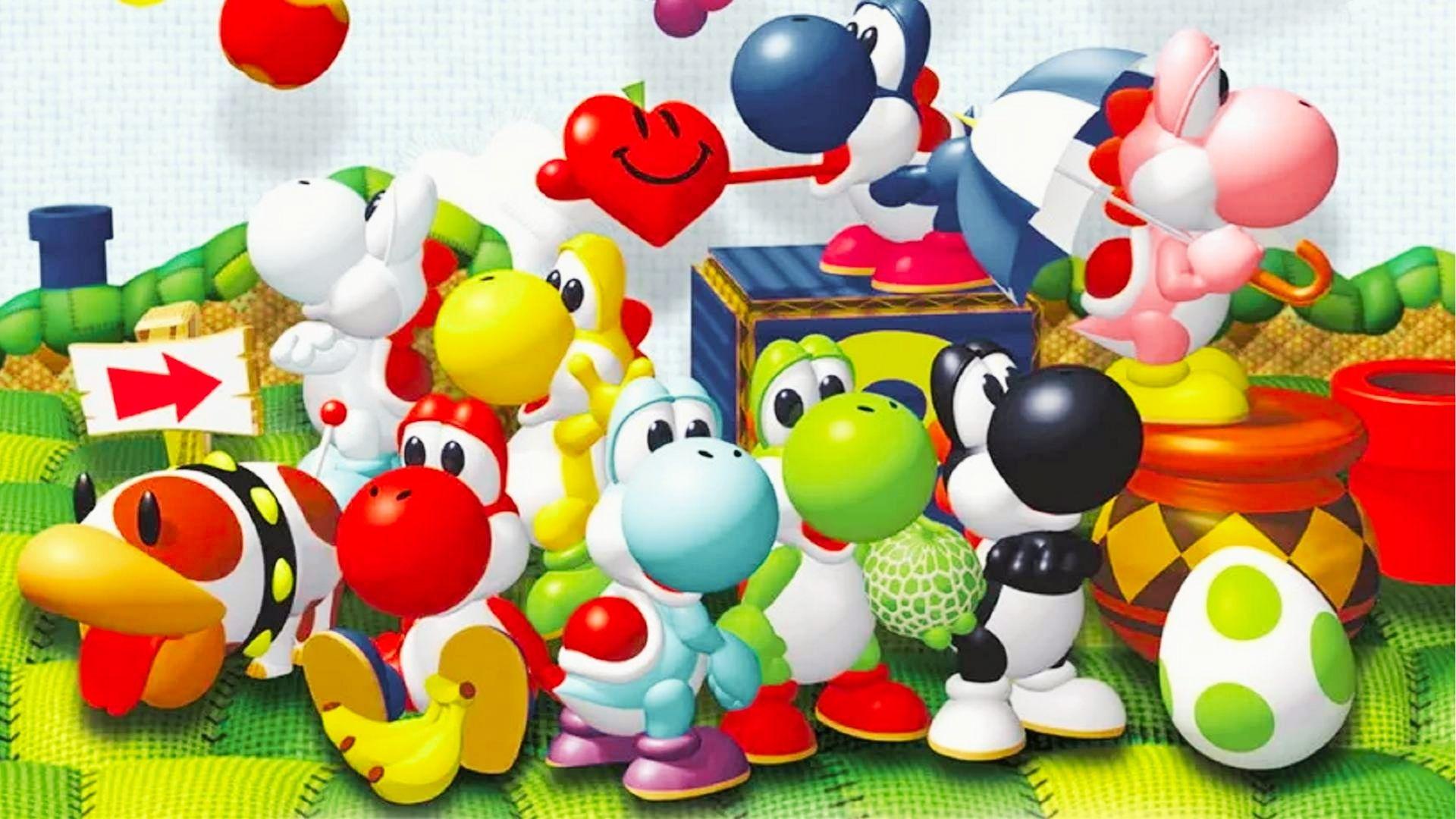 Yoshi's Story key art with multiple colorful Yoshis, Poochy, smiley heart fruit, banana, spotted egg, fabric background