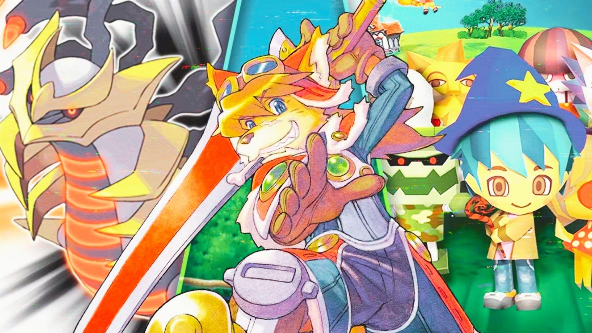 Collage of Giratina Pokémon, Solatorobo character with sword, and Keke from Happy Party Pals wearing blue wizard