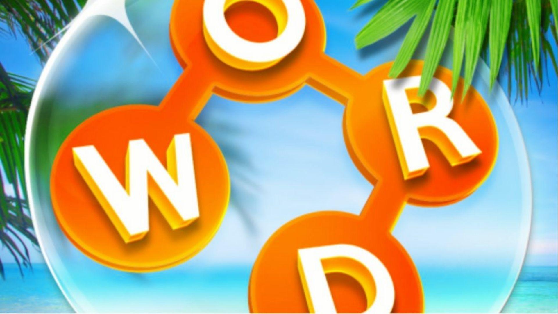 Wordscapes letter circle with W, O, R, D on orange tiles inside bubble against tropical beach and palm leaves