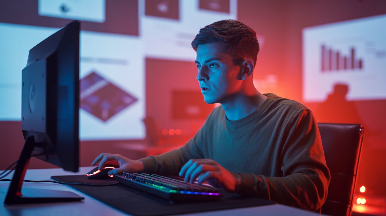 Scene of a gamer at a desk under dramatic blue and red lighting symbolizing the debate on video games and violence, with a cinematic research atmosphere in the background"