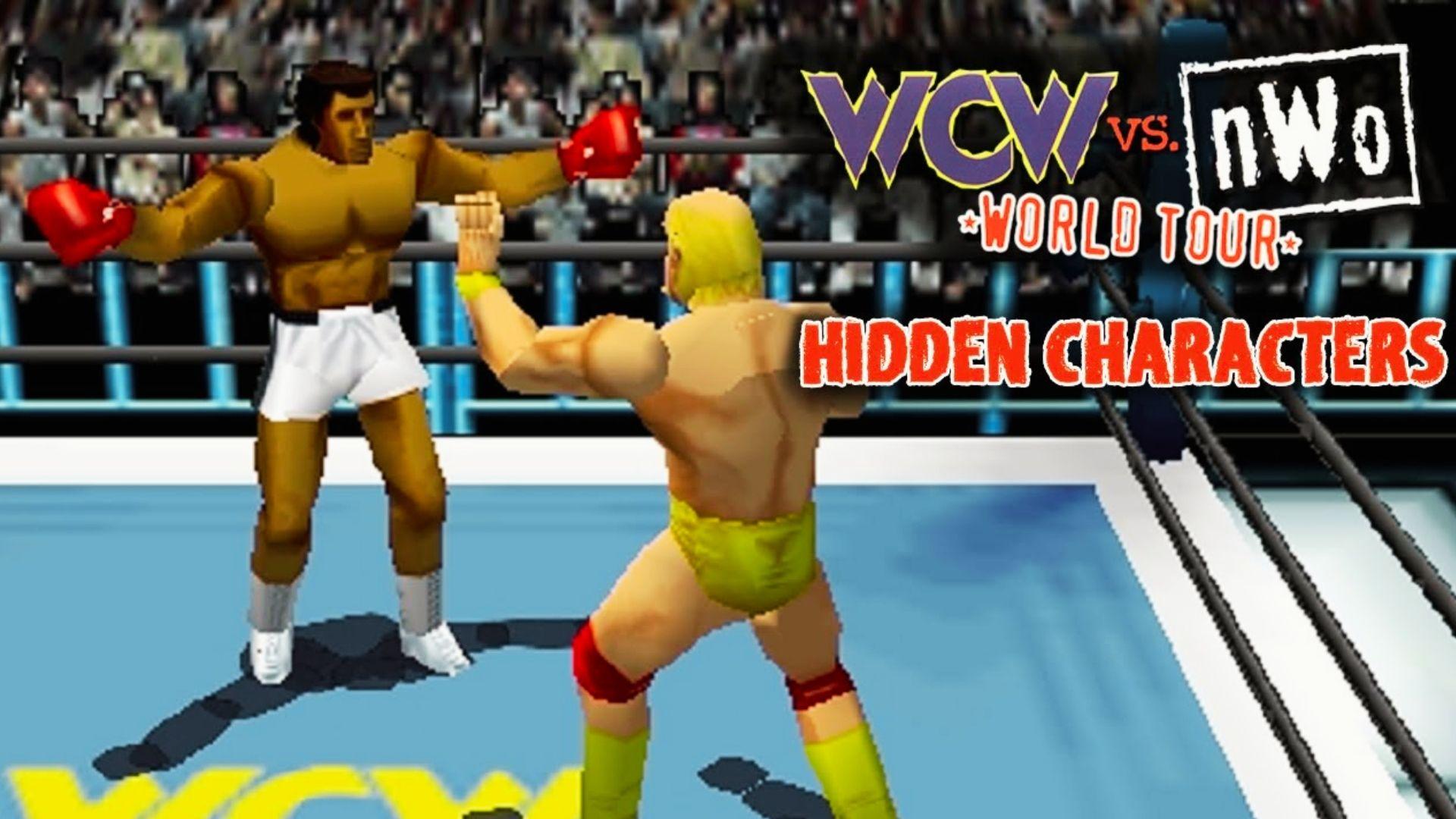 WCW vs nWo World Tour gameplay screenshot with boxer and wrestler in ring, Hidden Characters text, logo overlay