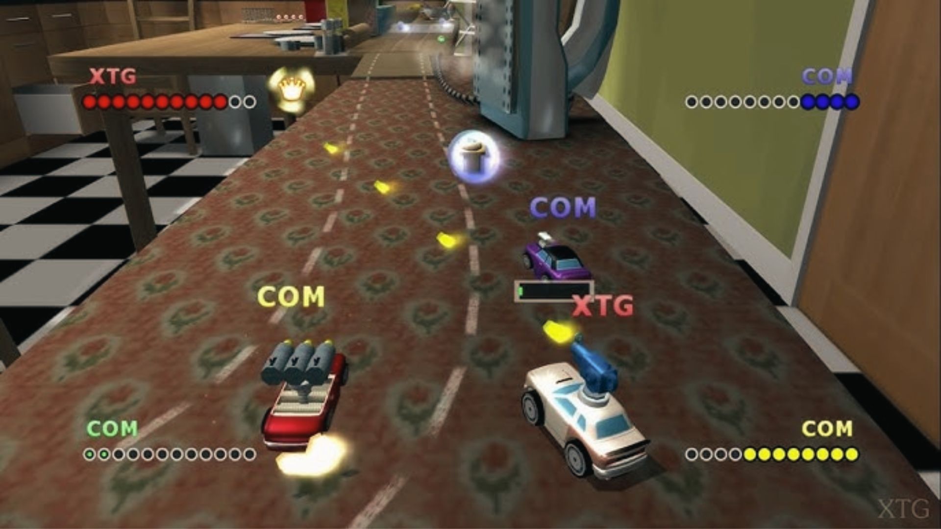 Toy cars with weapons race on kitchen table track, Micro Machines Master System combat racing mayhem