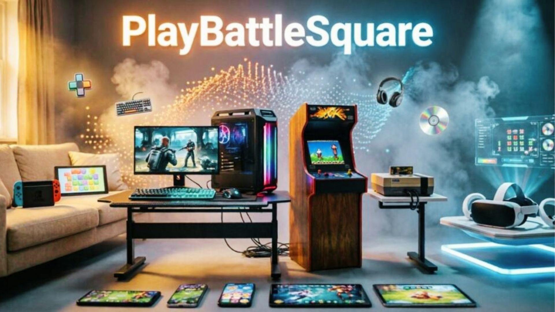 Ultimate gaming setup featuring PlayBattleSquare text with PC, arcade machine, VR headset and consoles
