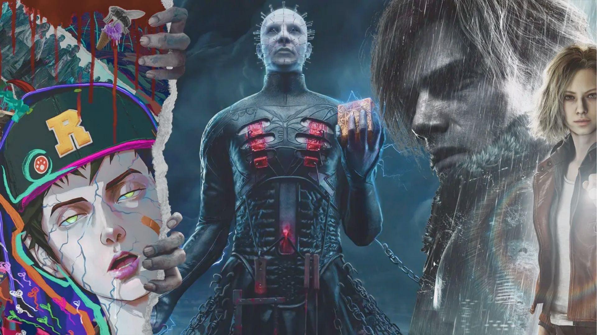 Collage of horror icons: a cracked, neon-styled survivor, the chained Cenobite holding a puzzle box, and rain-soaked protagonists.