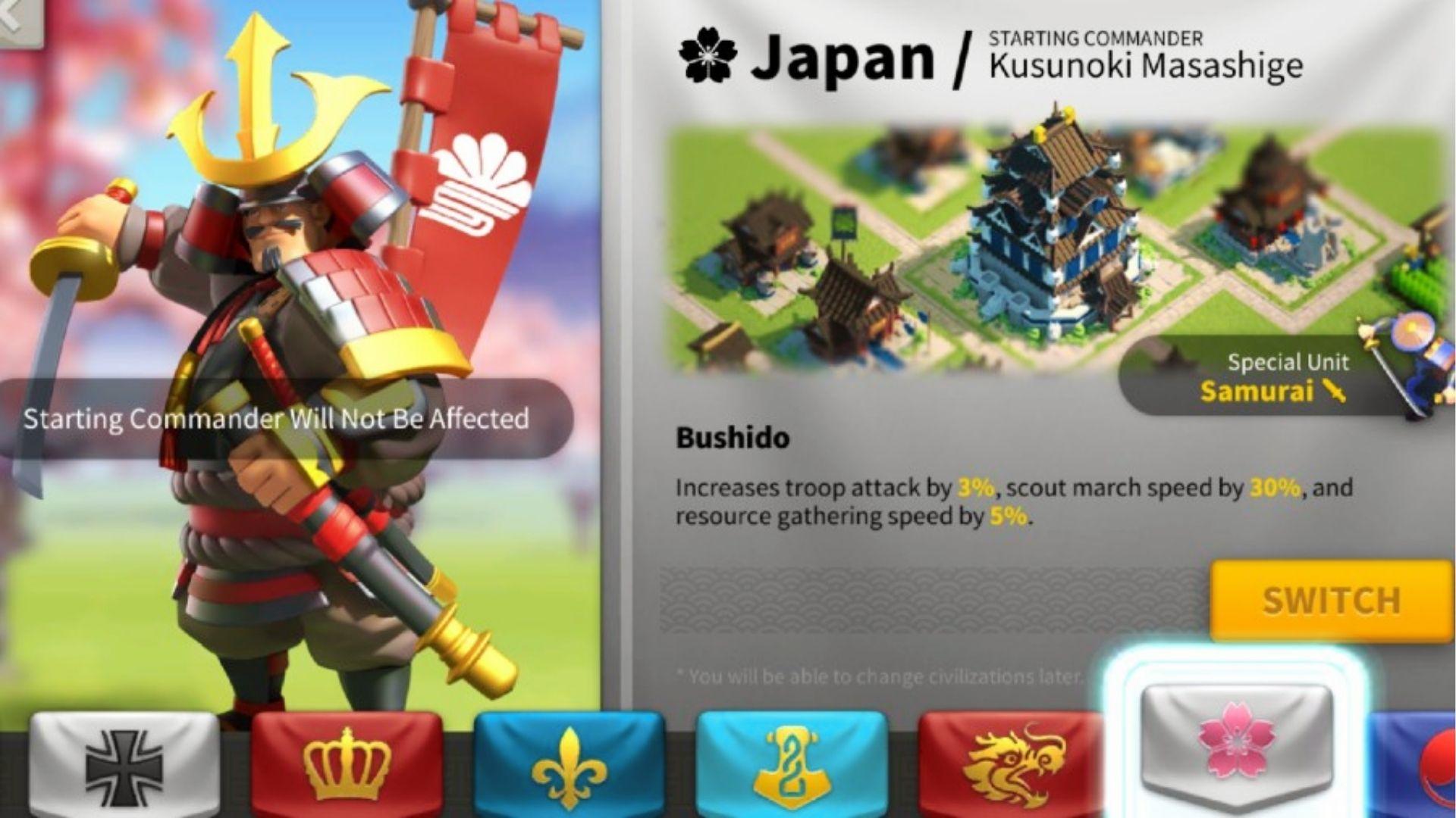 Rise of Kingdoms Japan civilization showing Kusunoki Masashige commander, Samurai special unit, and Bushido attack speed buffs