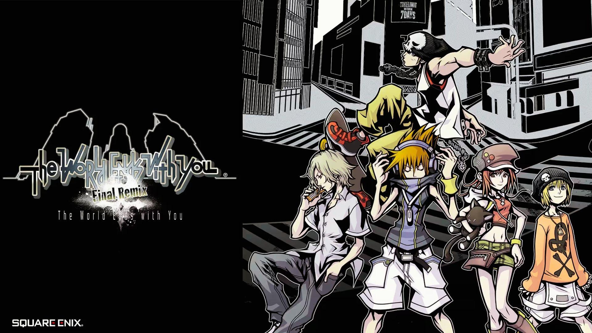 The World Ends with You Final Remix key art showing anime characters posing in Shibuya crosswalk, logo, black background