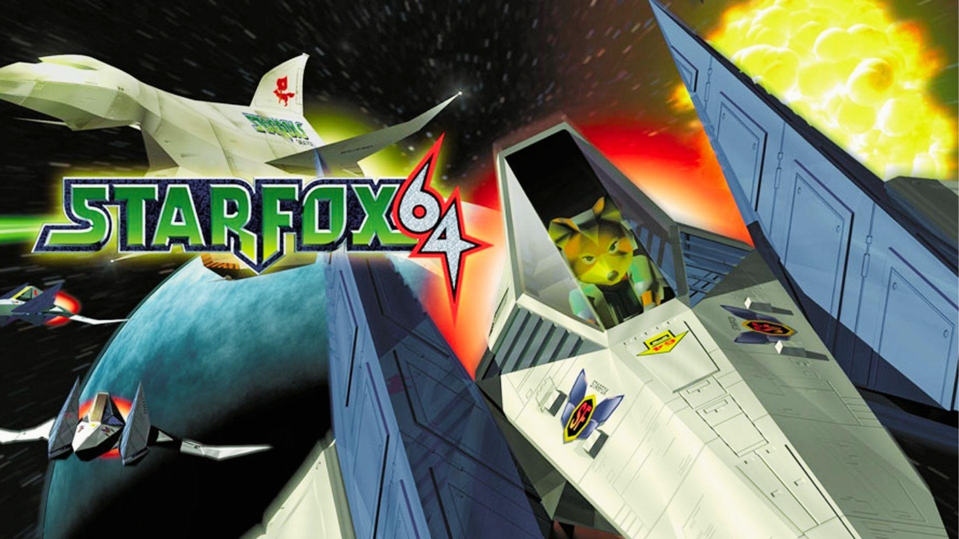 Star Fox 64 key art showing Fox McCloud piloting Arwing, Star Fox logo left, explosions, space battle, Great Fox background