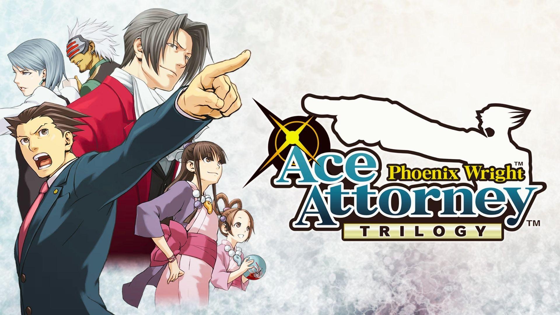 Ace Attorney Trilogy key art showing Phoenix Wright, Miles Edgeworth, Maya, Pearl, Godot, Franziska, logo, pointing