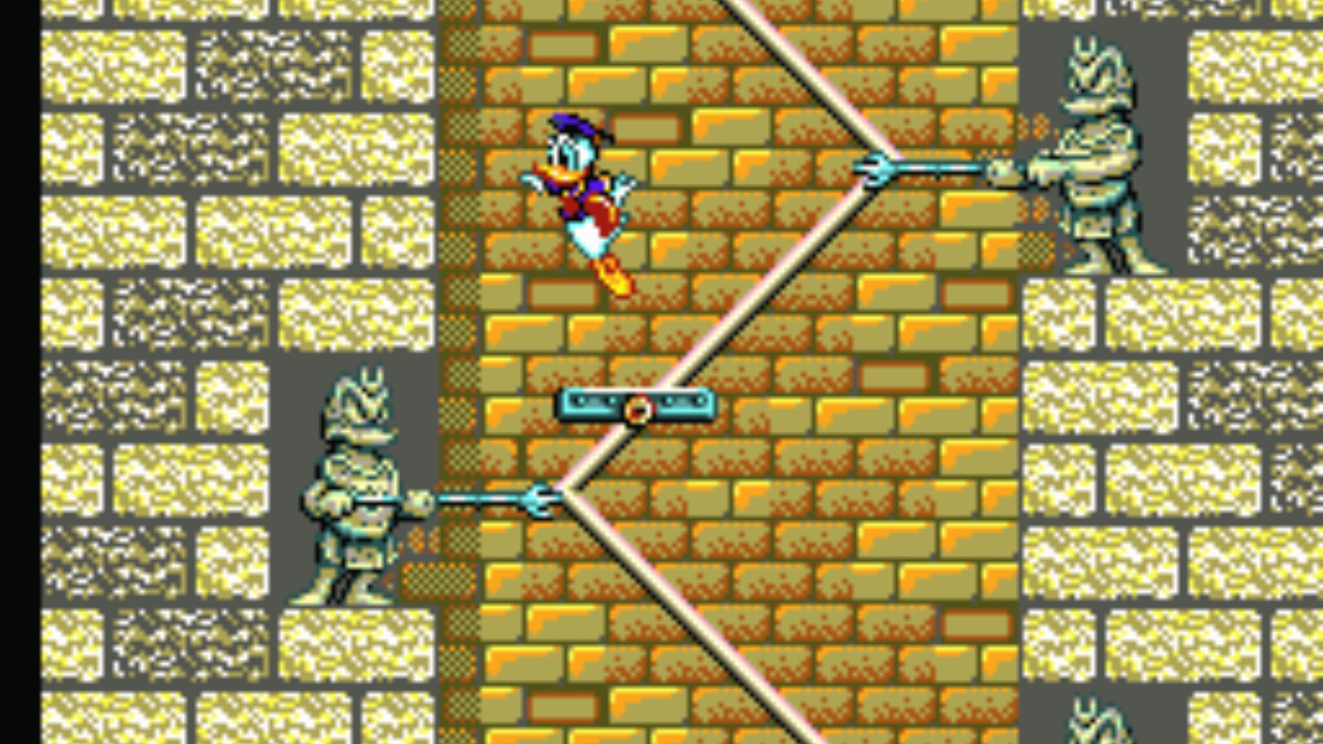 Donald Duck dodges statue spears in brick temple, Master System classic Lucky Dime Caper platformer
