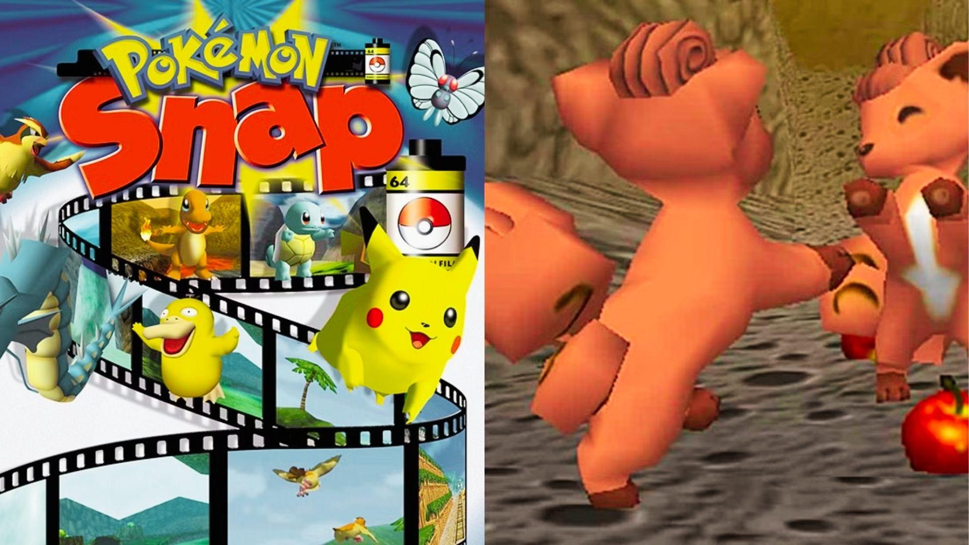 Pokémon Snap N64 split image with Pikachu, Psyduck, Charmander on filmstrip left, two Vulpix playing right, red apple