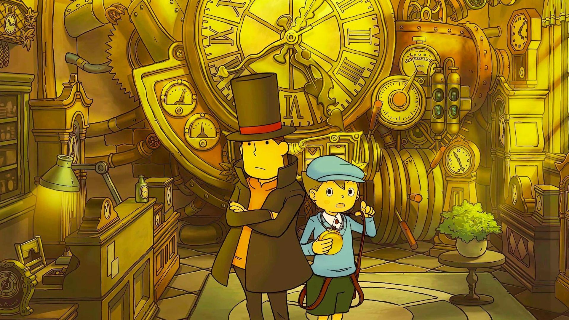 Professor Layton Unwound Future art with Layton, Luke standing before giant golden clock machine, gears, lamps