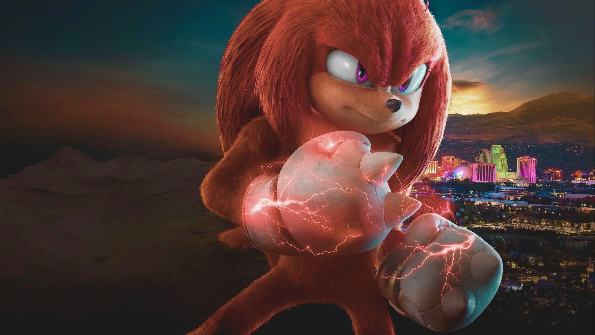 Red echidna Knuckles powers up his spiked fists with red lightning energy.