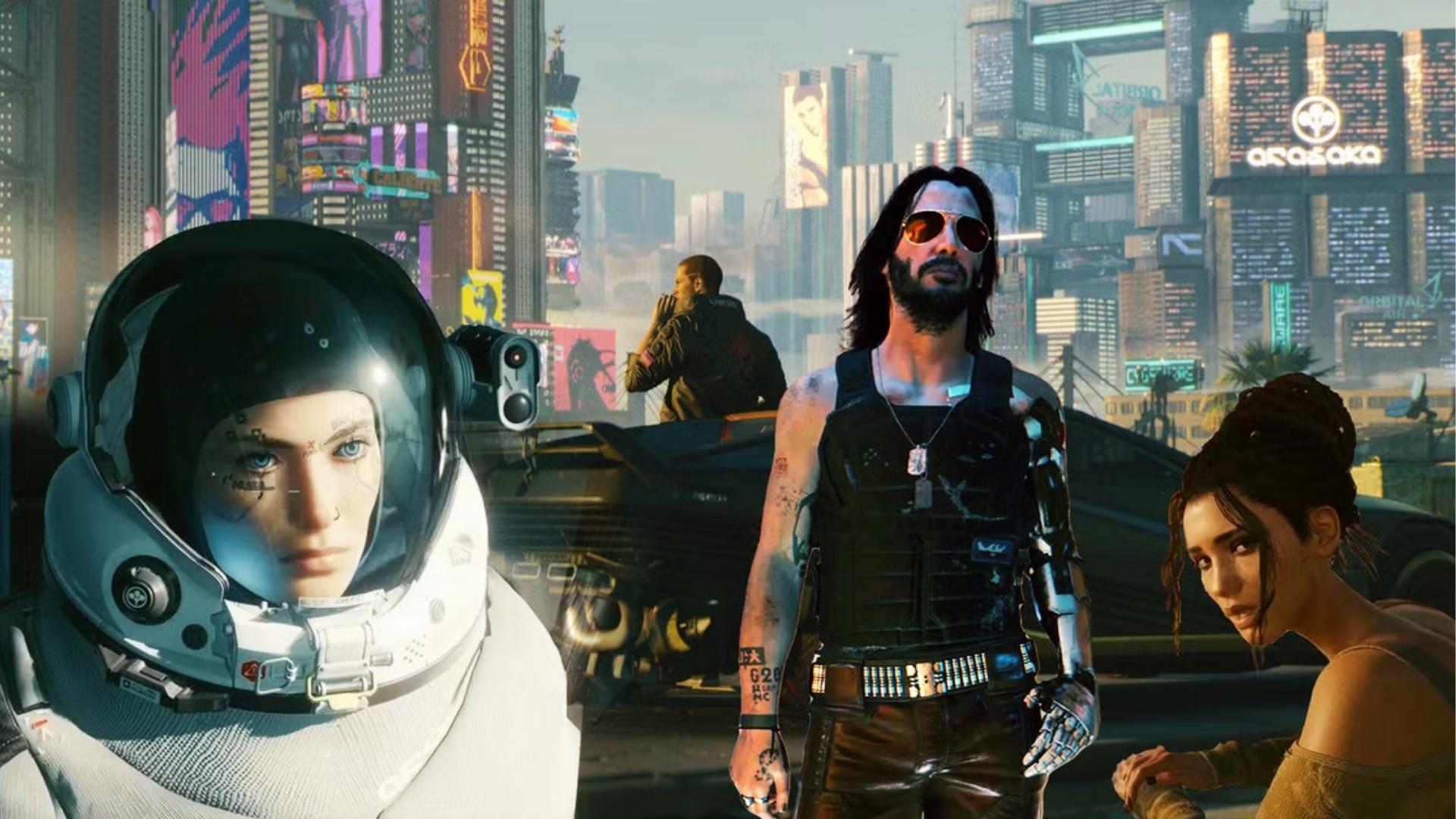 Collage shows female V in spacesuit, Johnny Silverhand with cybernetic arm, and Panam against Night City skyline with Arasaka tower.