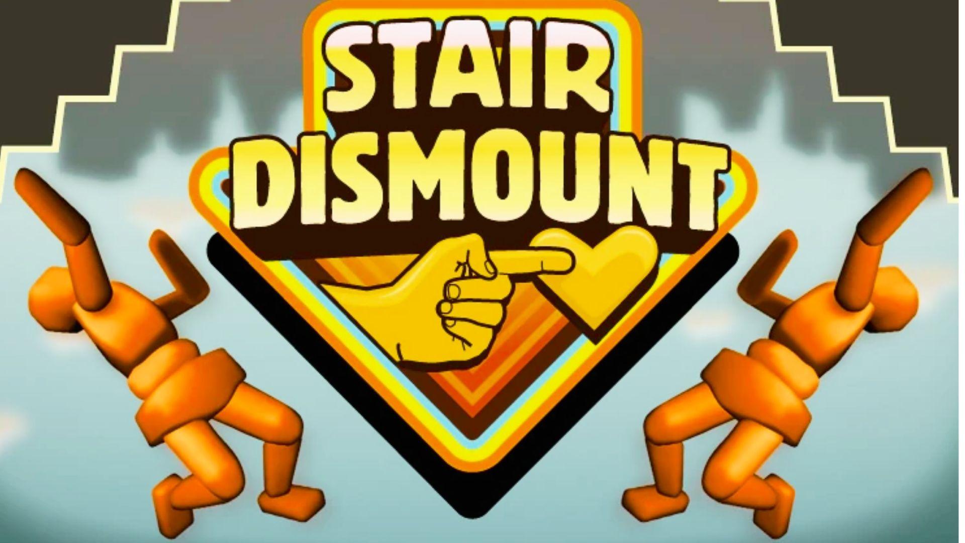 Stair Dismount logo with cartoon hand pointing at heart, orange ragdoll figures falling down stairs, light blue background