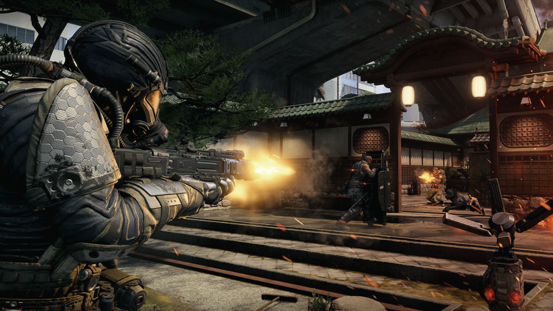 An armored soldier fires at a shield enemy. Counter riot shields with flank routes and lethals in COD.
