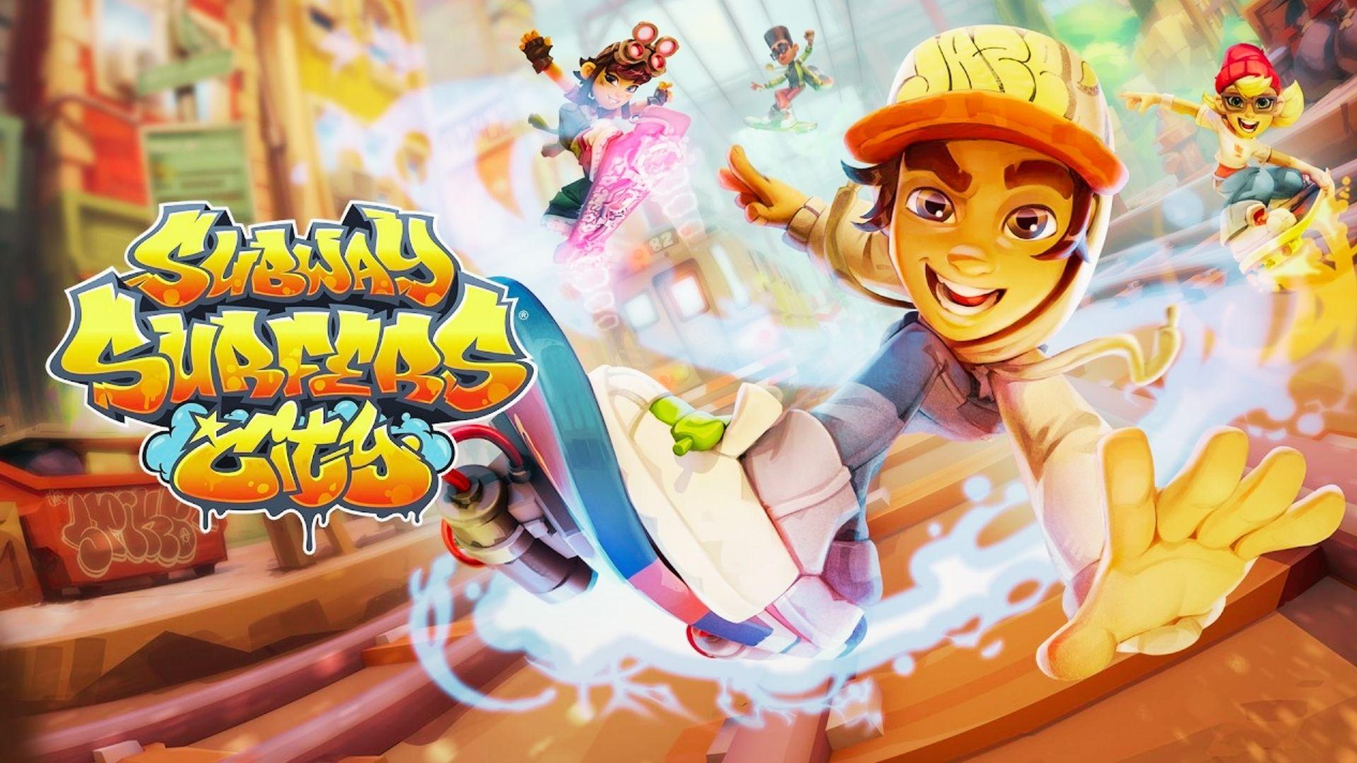 Subway Surfers City art with Jake on hoverboard reaching forward, other characters surfing behind, graffiti logo, tracks