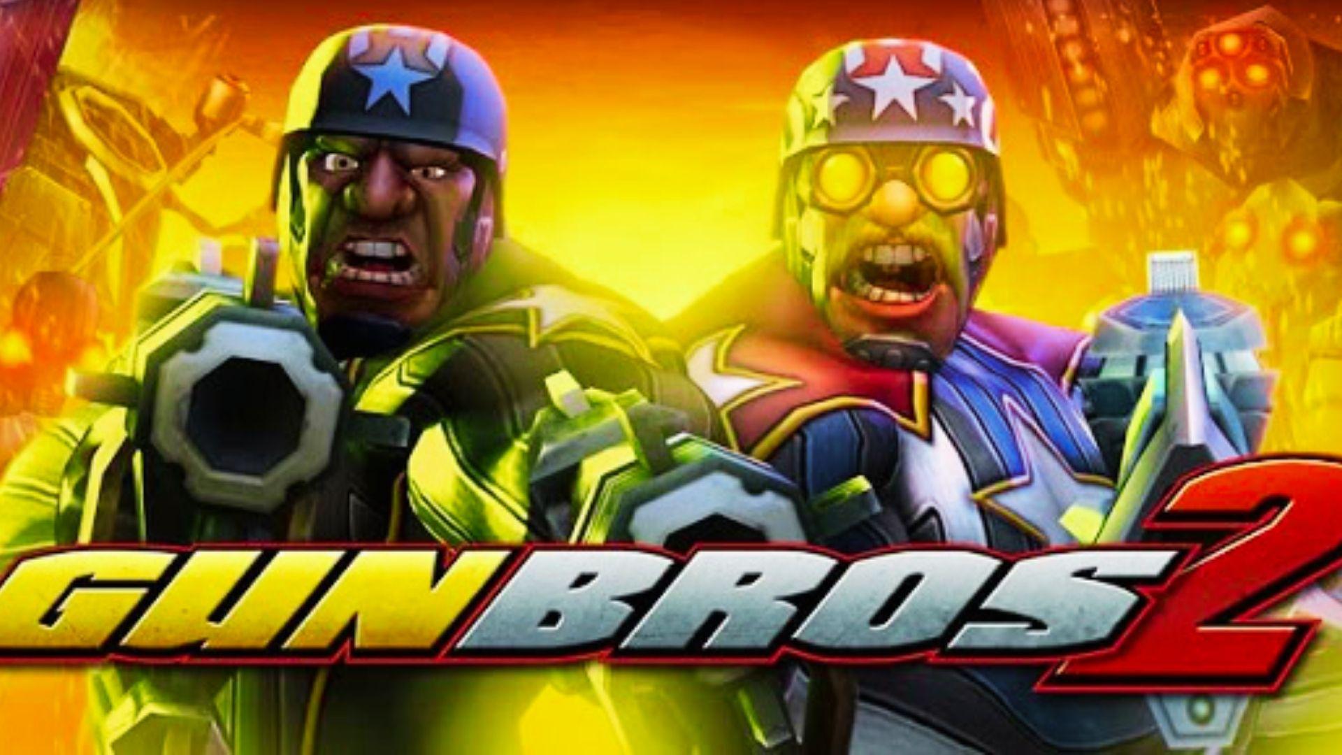 Gun Bros 2 key art with two armored soldiers holding weapons, explosions, robot enemy, bold logo, yellow background