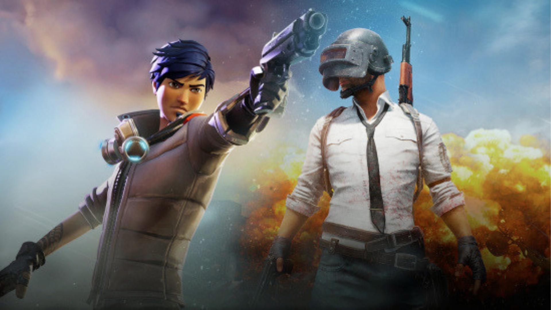 Stylized Fortnite character aims pistol at PUBG's helmeted soldier against fiery explosion background in side-by-side crossover game artwork.