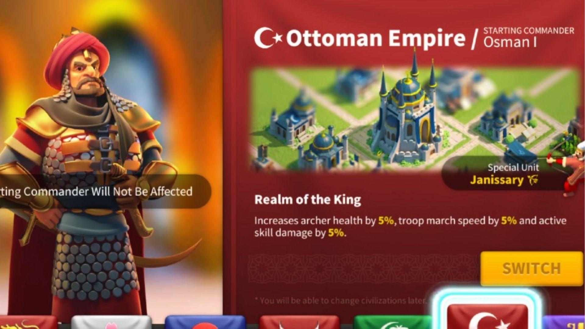 Rise of Kingdoms Ottoman Empire civilization screen showing Osman I commander, Janissary special unit, and Realm of the King buffs