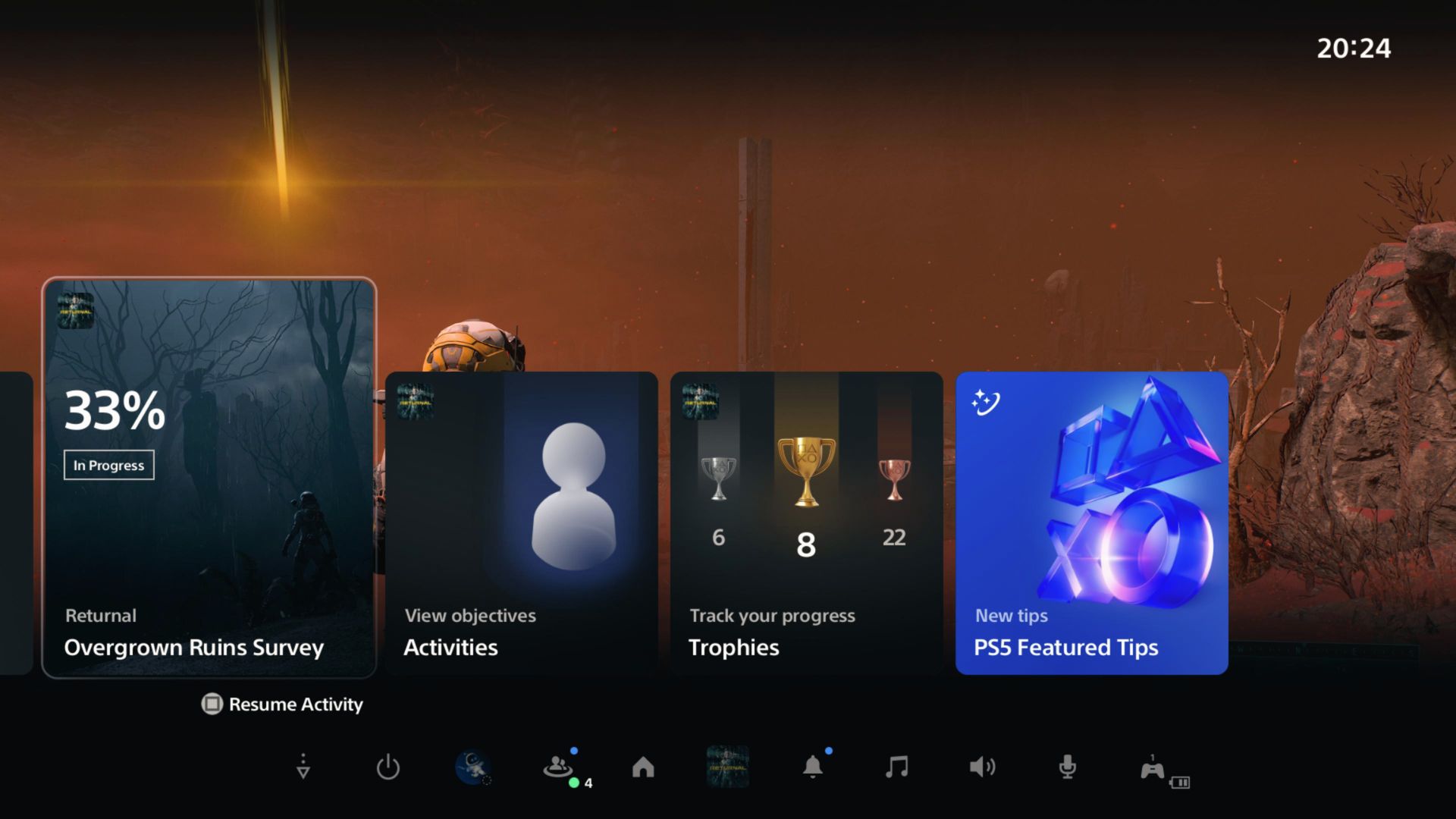 PS5 trophy menu shows 33% Returnal progress and Overgrown Ruins Survey objective completion
