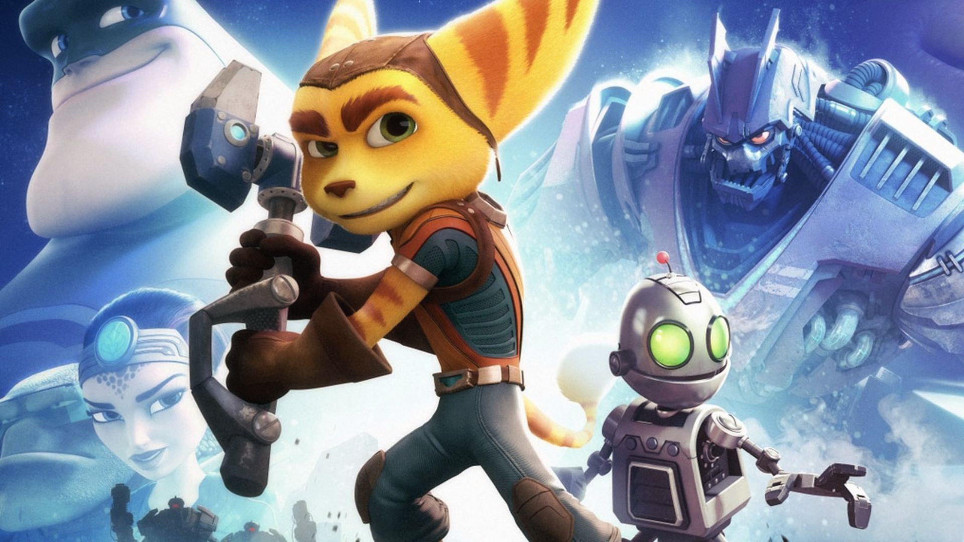 Ratchet and Clank pose heroically with allies Captain Qwark, Cora, and Dr. Nefarious looming large.