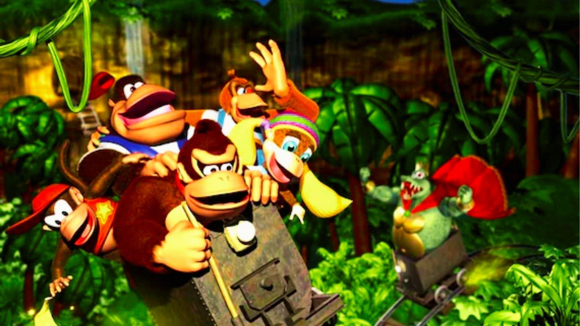 Donkey Kong 64 art of Donkey Kong, Diddy, Lanky, Tiny, Chunky riding mine cart, King K Rool