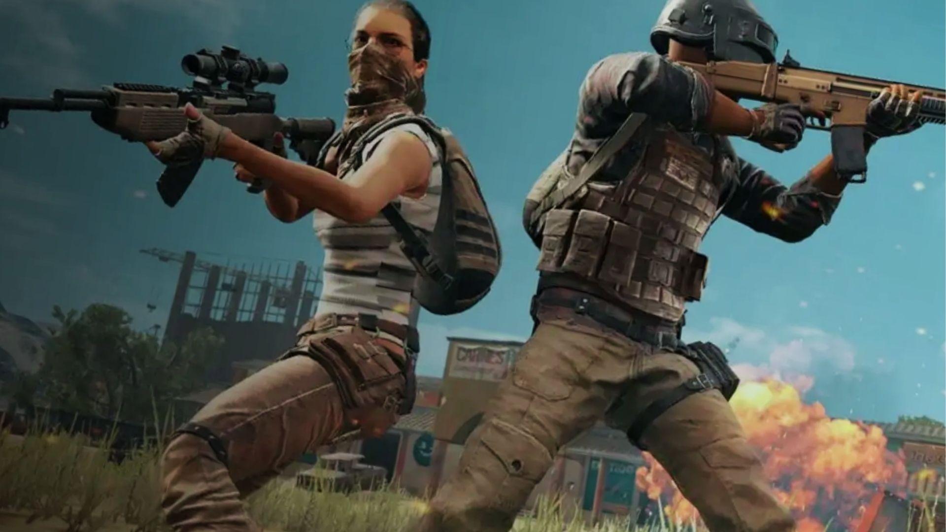 Two PUBG characters in combat gear aiming rifles with explosions behind, showing cross-platform battle action for PUBG Mobile and PS5