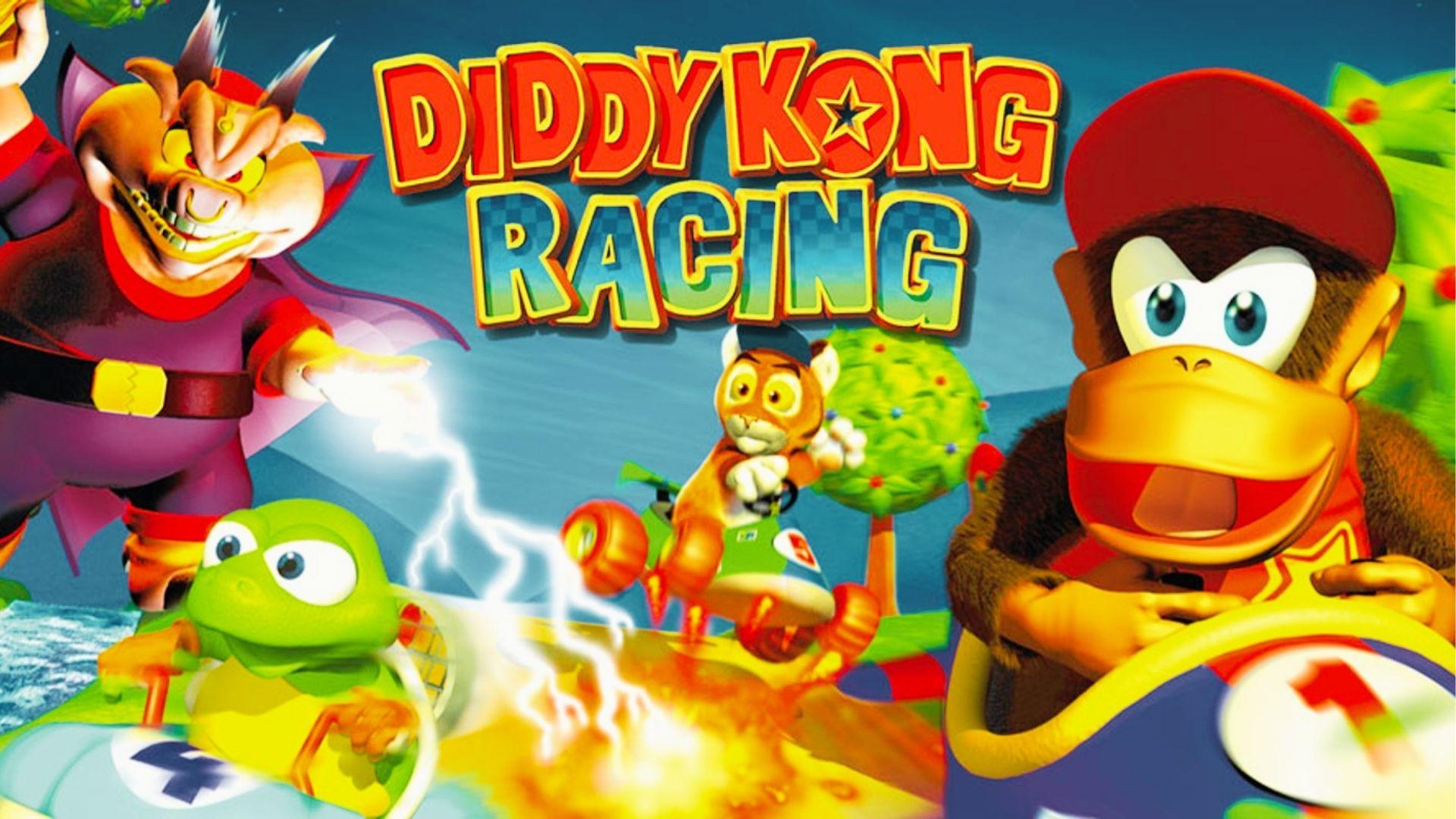 Diddy Kong Racing cover art with Diddy Kong, Wizpig, Timber the Tiger, Tiptup the Turtle, racing vehicles, colorful logo