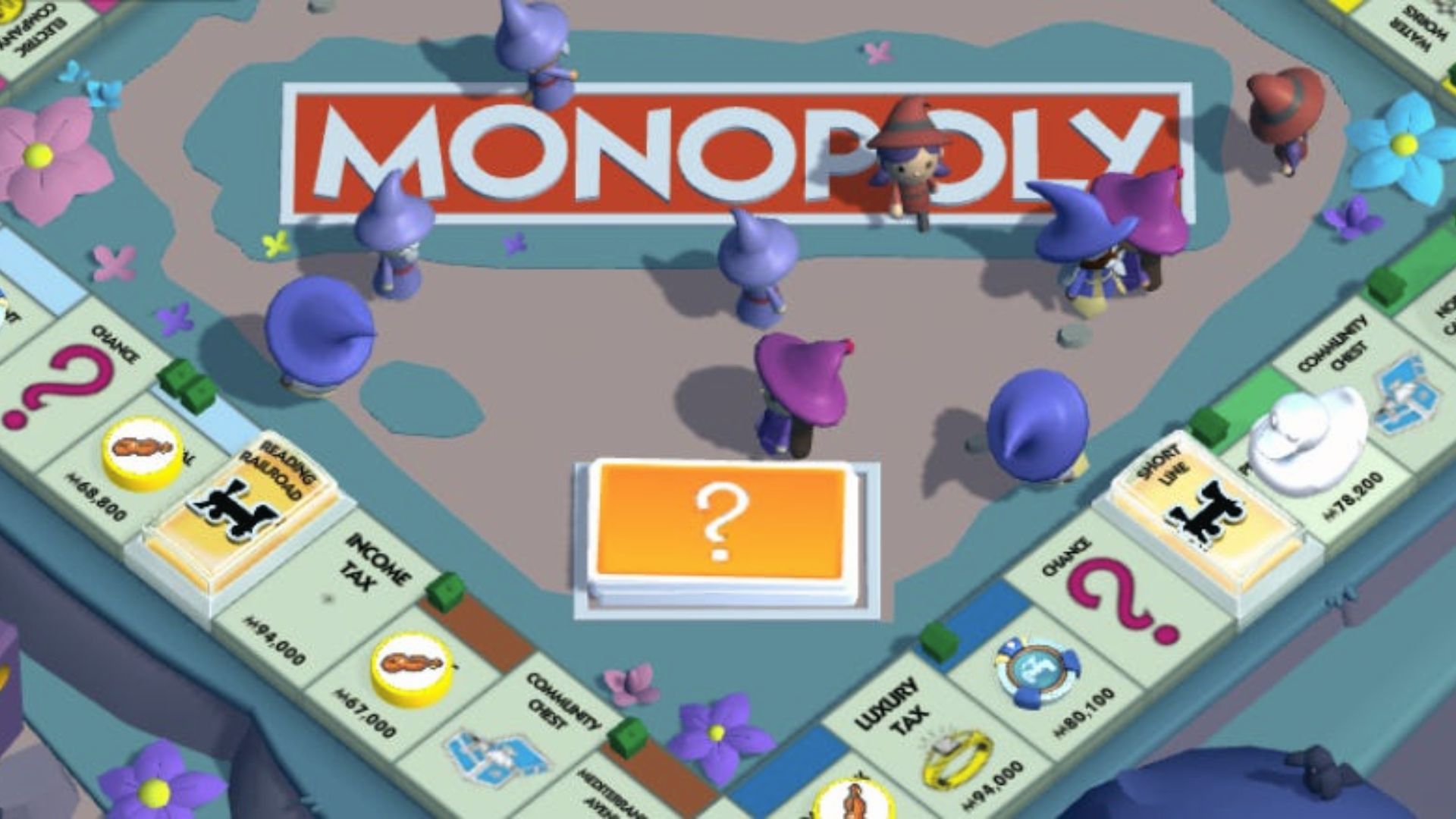 Wizard avatars gather on the Monopoly Go board with Chance cards and flowers, themed event levels.