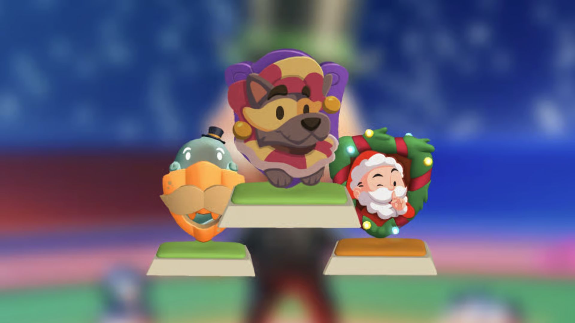 Three themed Monopoly Go shields, walrus, jester dog, and Santa on stands showing new shield skins.