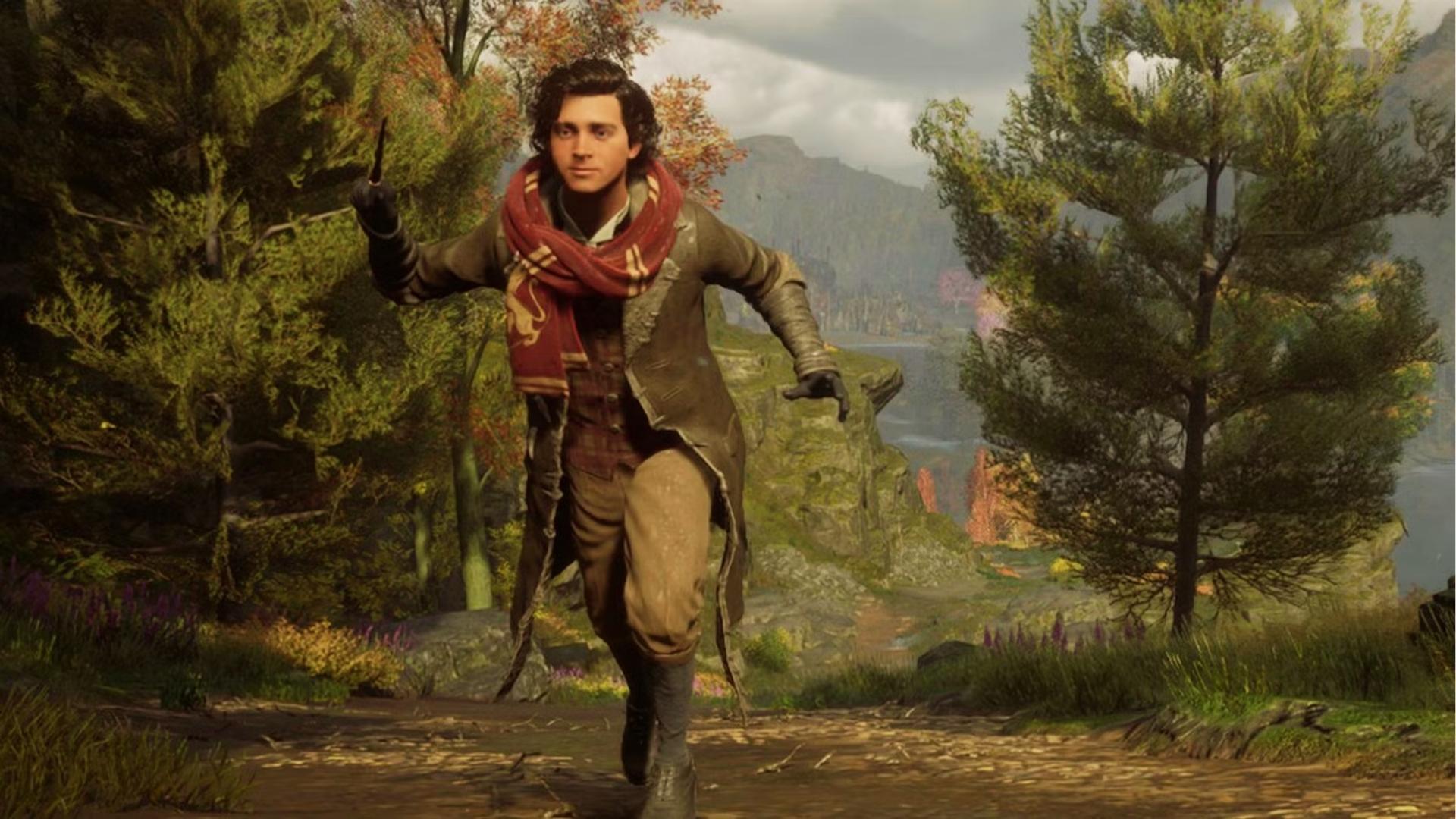 Gryffindor student wearing red house scarf runs through autumn forest with wand drawn, Hogwarts castle visible in distant valley.