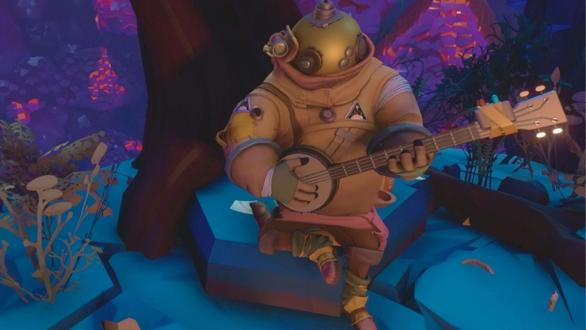Riebeck the Hearthian traveler plays a banjo while sitting on blue crystalline ground.