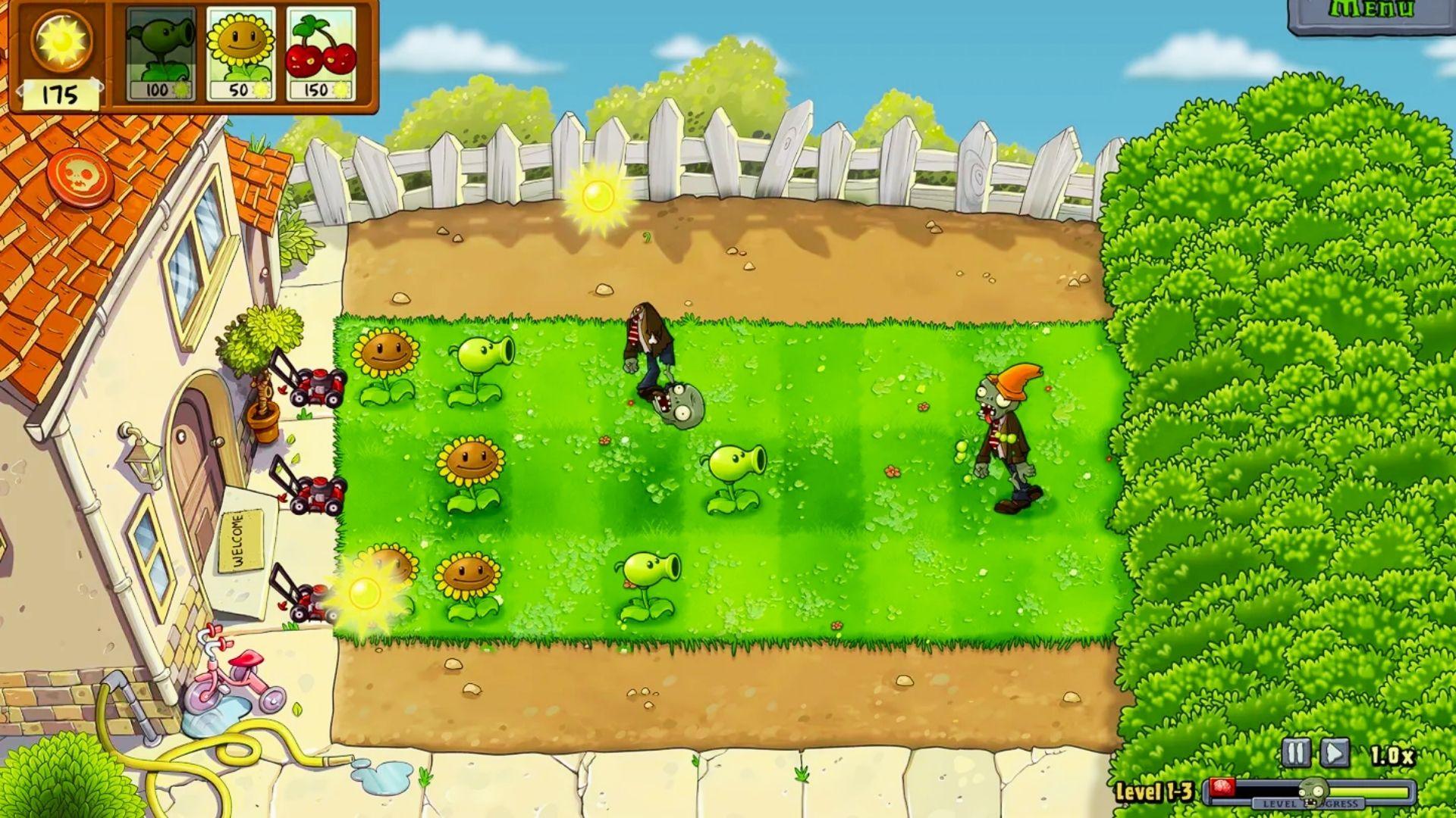 Plants vs Zombies gameplay showing sunflowers, peashooters, zombies approaching lawn, house, sun currency, Level 1-3 UI