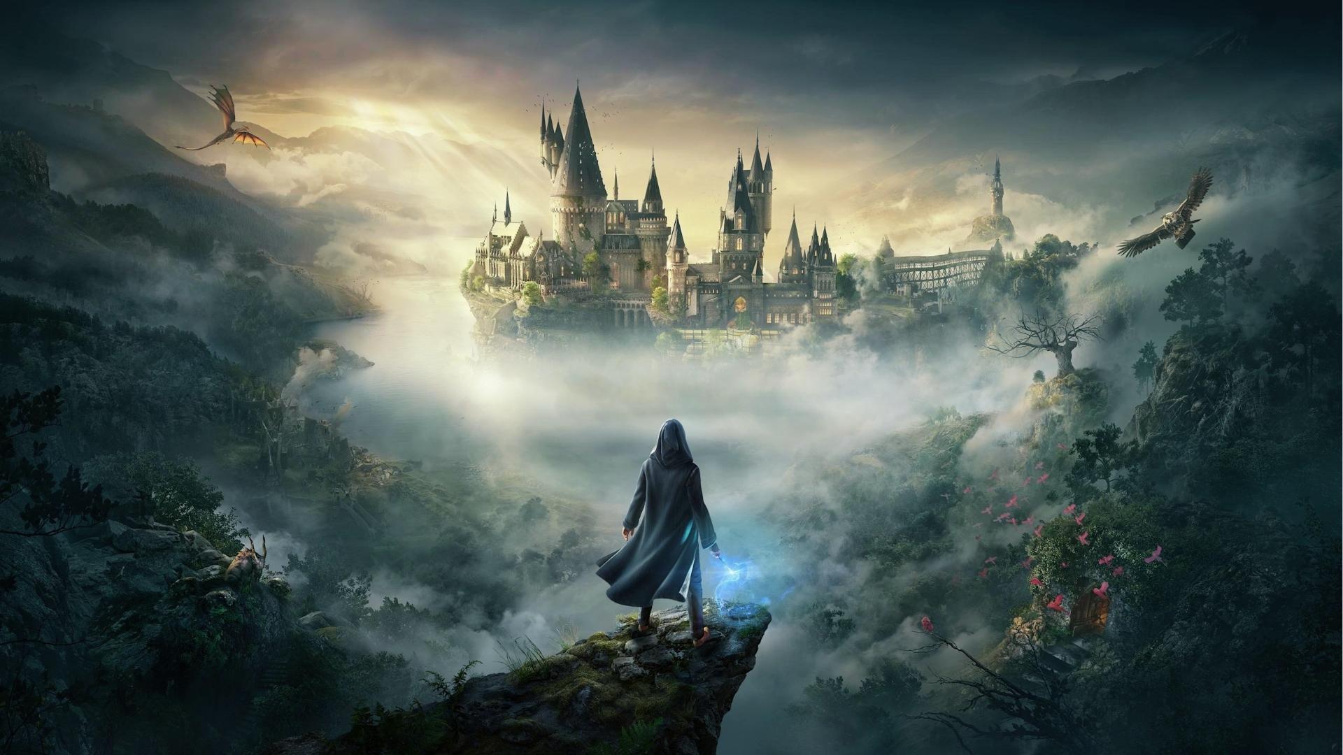 Hooded protagonist with glowing blue wand stands on misty cliff overlooking Hogwarts castle at sunrise, dragon and owl in sky.