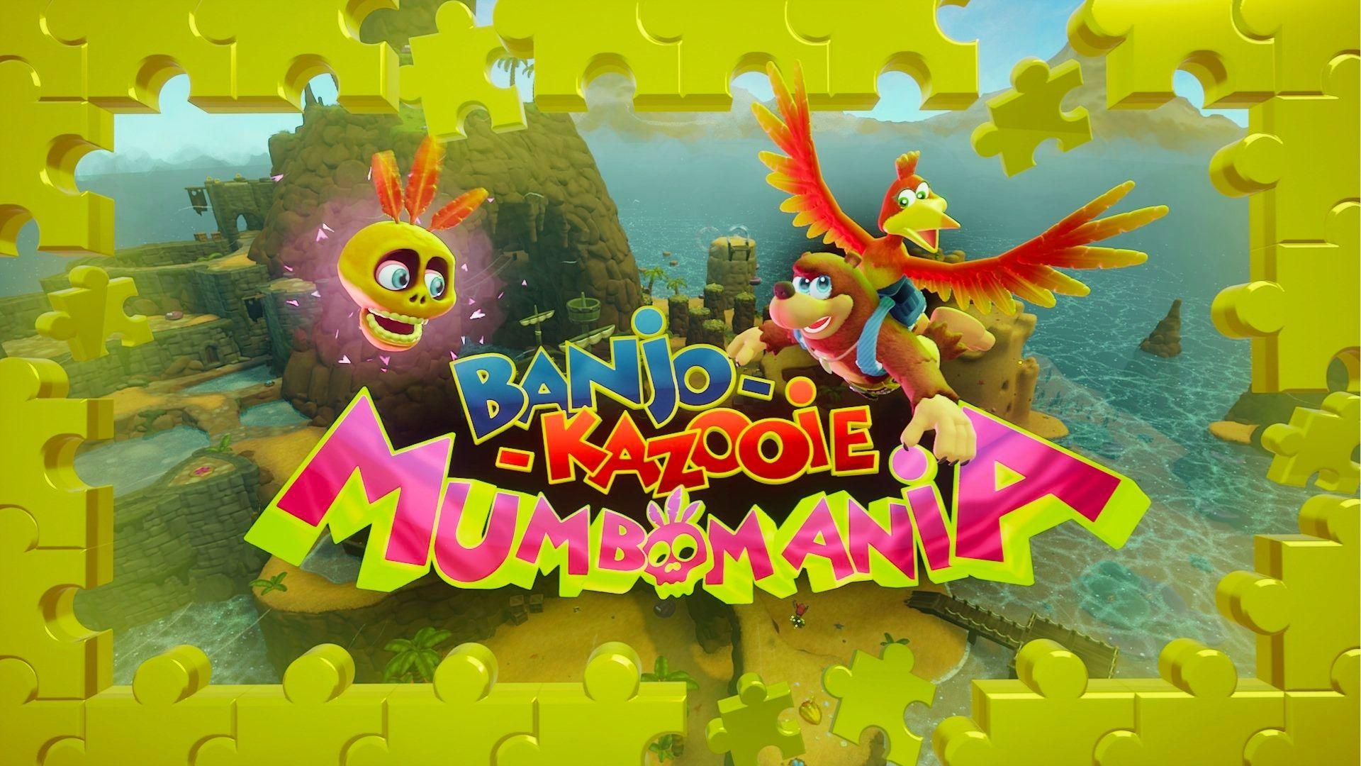 Banjo-Kazooie MumboMania art with Banjo riding Kazooie, Mumbo skull, Treasure Trove Cove, yellow puzzle piece border
