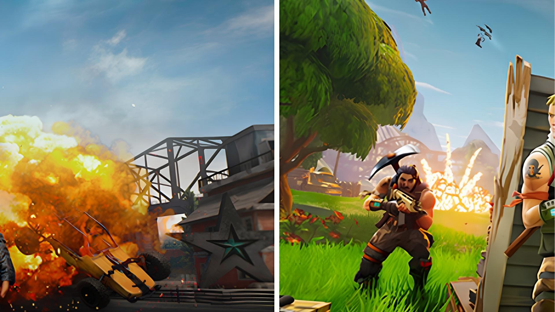 Side-by-side art contrasts PUBG's yellow buggy exploding near the bridge with Fortnite's armed character hiding behind a wooden wall in grass.