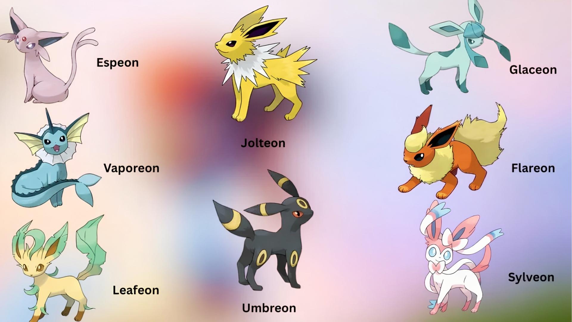 Labeled chart shows all 8 Eevee evolutions in Pokémon: Espeon, Jolteon, Glaceon, Vaporeon, Flareon, Leafeon, Umbreon, and Sylveon artwork.