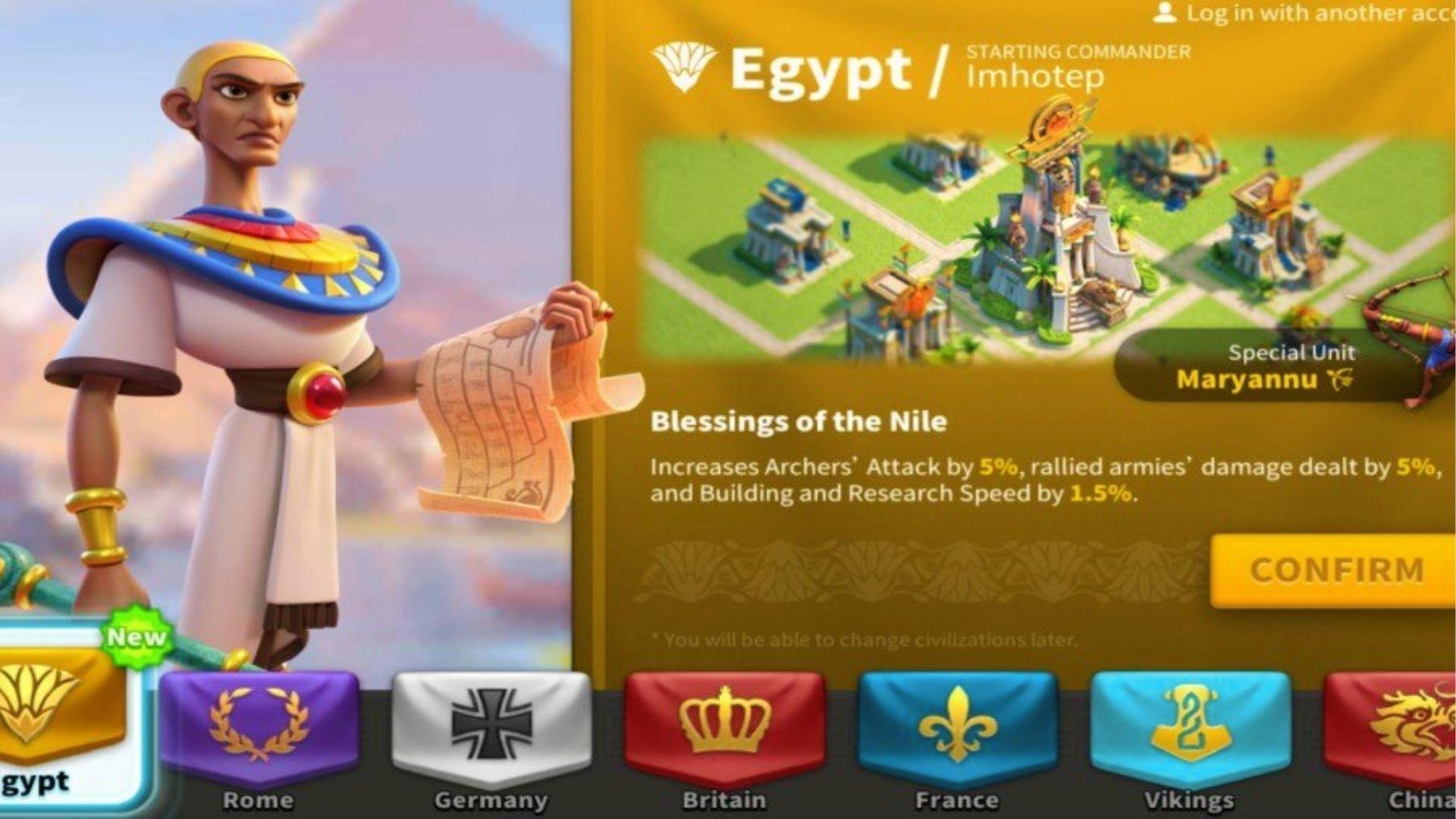 Rise of Kingdoms Egypt civilization screen showing Imhotep commander, Maryannu archer special unit, and Blessings of Nile buffs