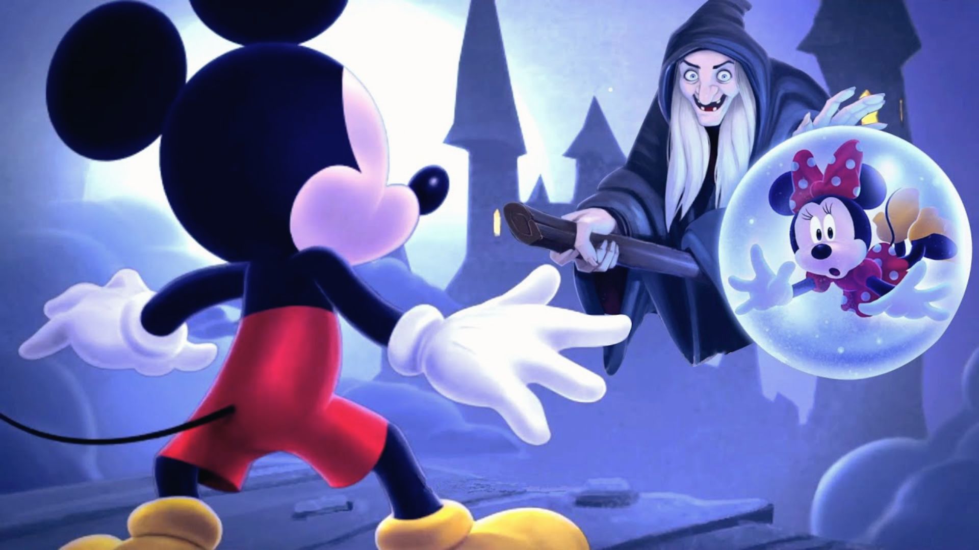 Mickey Mouse faces a witch holding Minnie in a bubble, art from Castle of Illusion on Master System