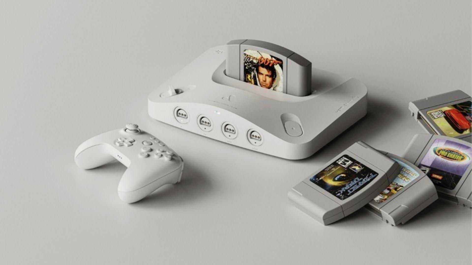 Modern white console with GoldenEye 007 cartridge inserted, white controller left, four classic N64 game cartridges displayed right