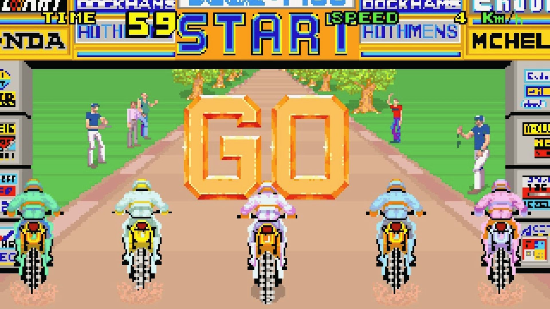Five dirt bikes line up under GO sign at start, Enduro Racer Master System motocross racing action