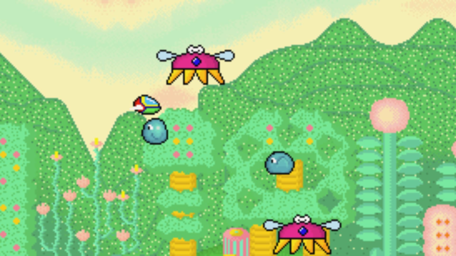 Opa-Opa flies through green alien world fighting blobs, iconic Master System Fantasy Zone gameplay