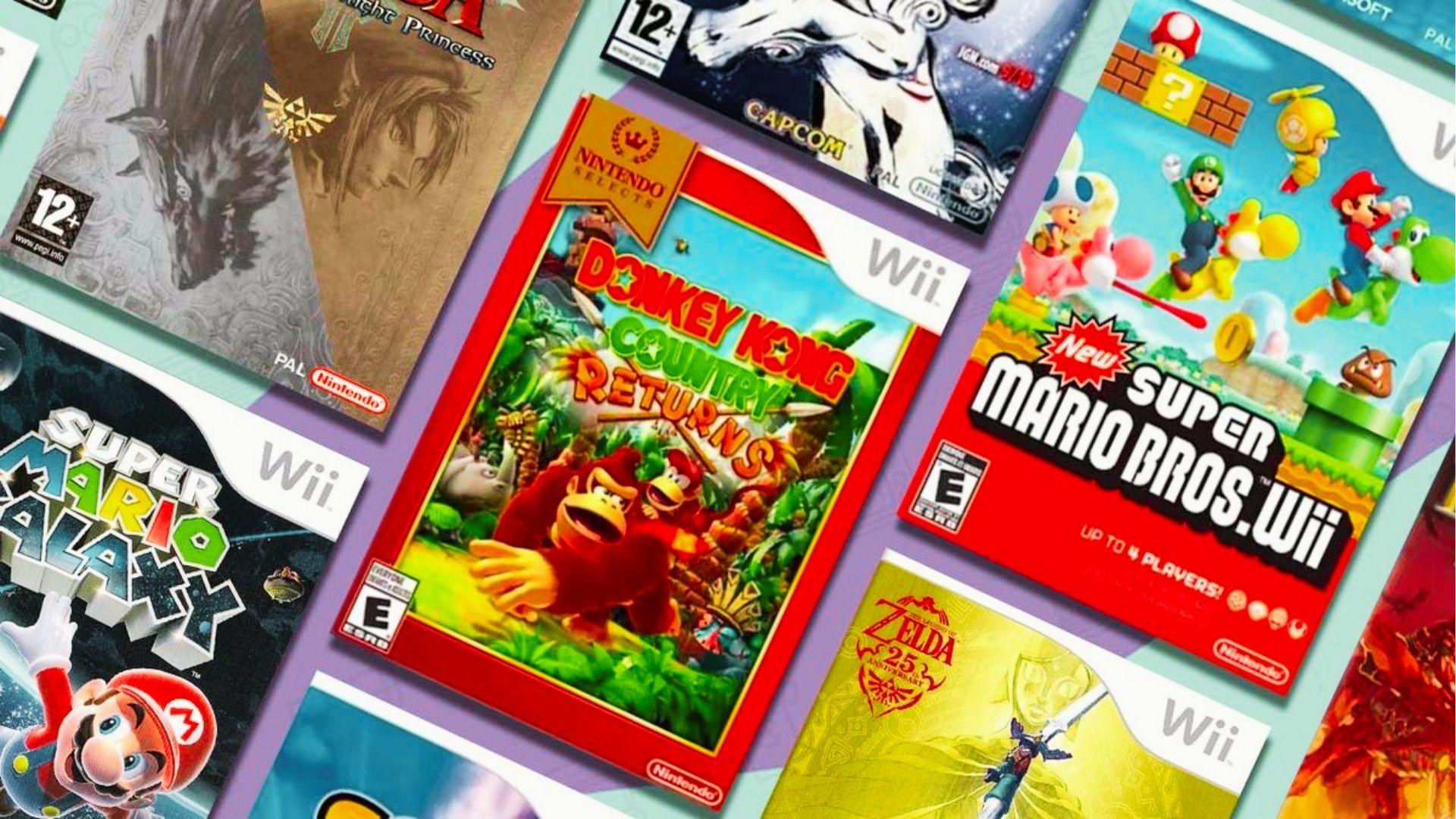 Collage of Wii game covers including Donkey Kong Country Returns, New Super Mario Bros Wii, Twilight Princess, Super Mario Galaxy