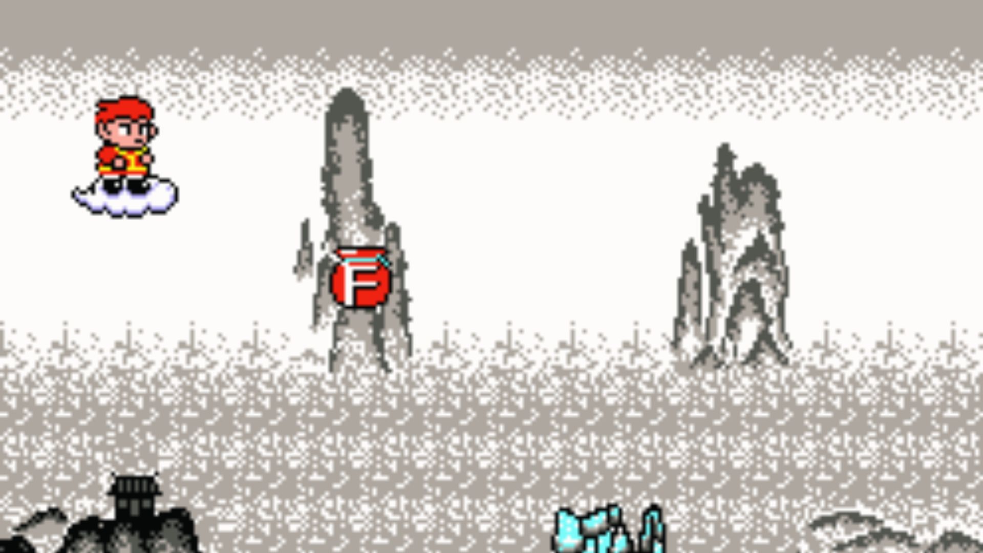 Kid on cloud flies past rock spire with red F pot, Master System platformer level from retro era