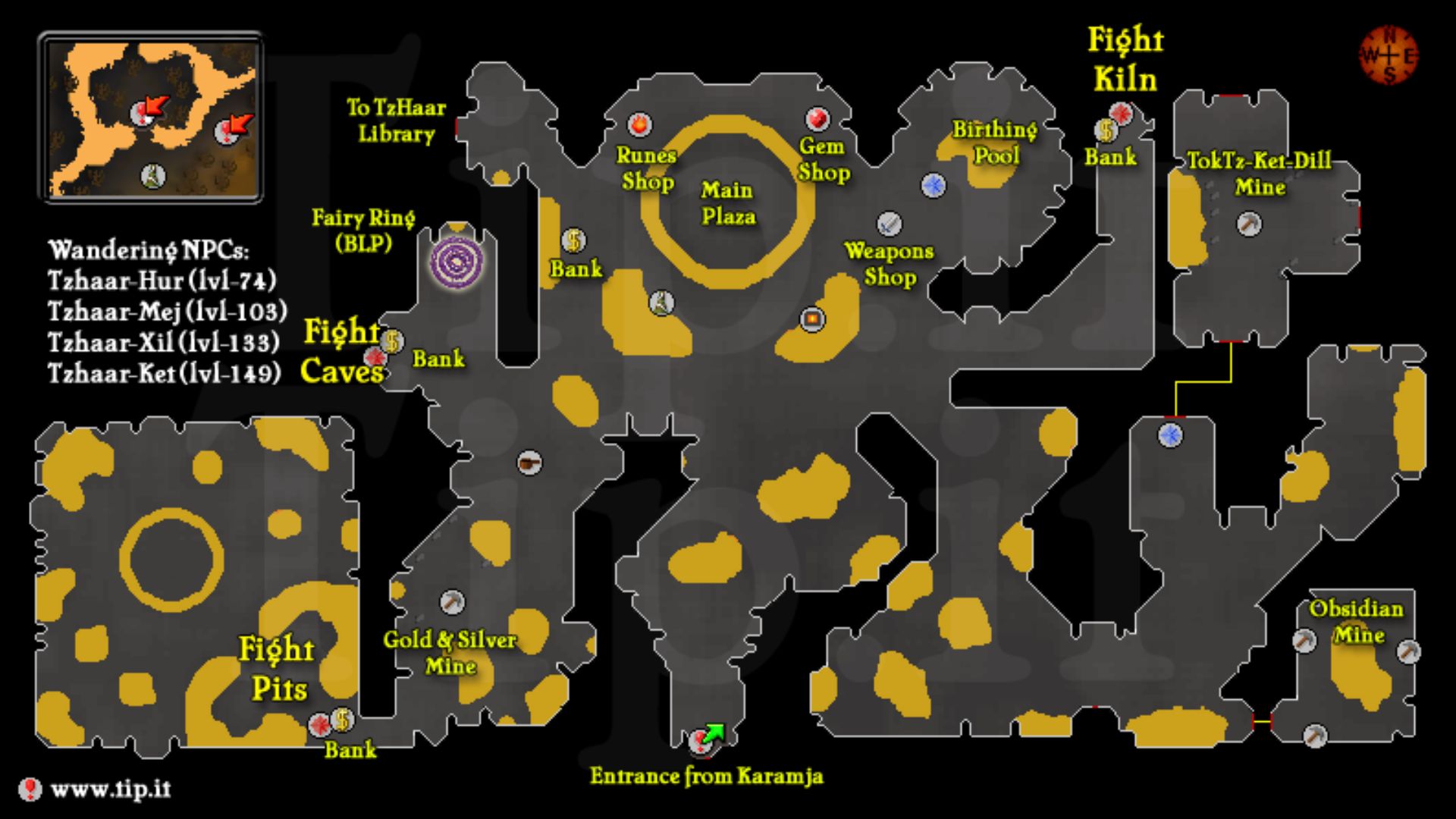 "Colored map of the TzHaar city in Old School RuneScape. Key locations labeled include Fight Caves, Fight Kiln, Main Plaza, banks, and mines. A list of wandering NPCs and an inset minimap are shown, with yellow lava areas on a dark gray background."