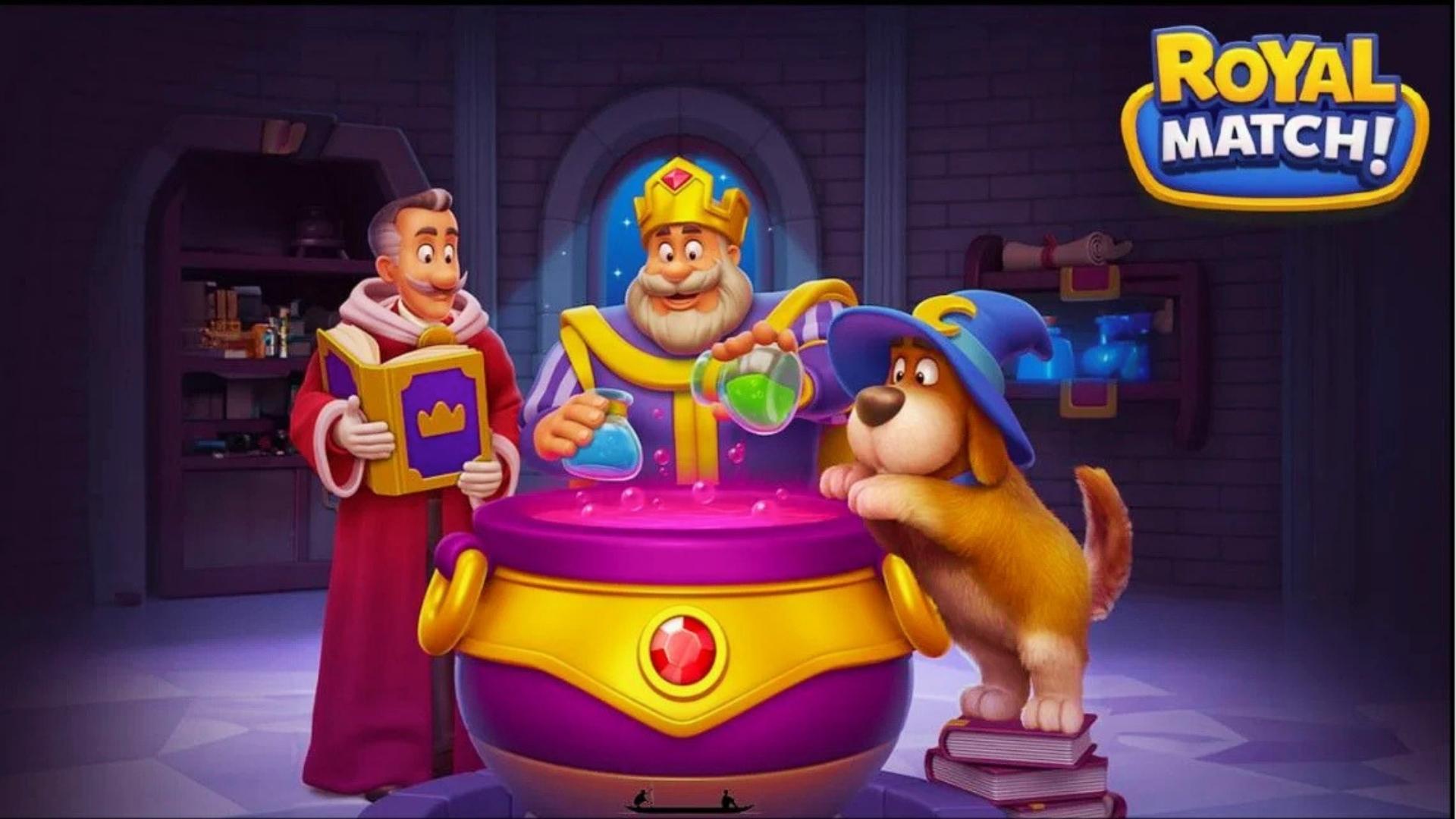 Royal Match king in purple robe mixes green potion with wizard and wizard dog watching cauldron in castle laboratory scene.
