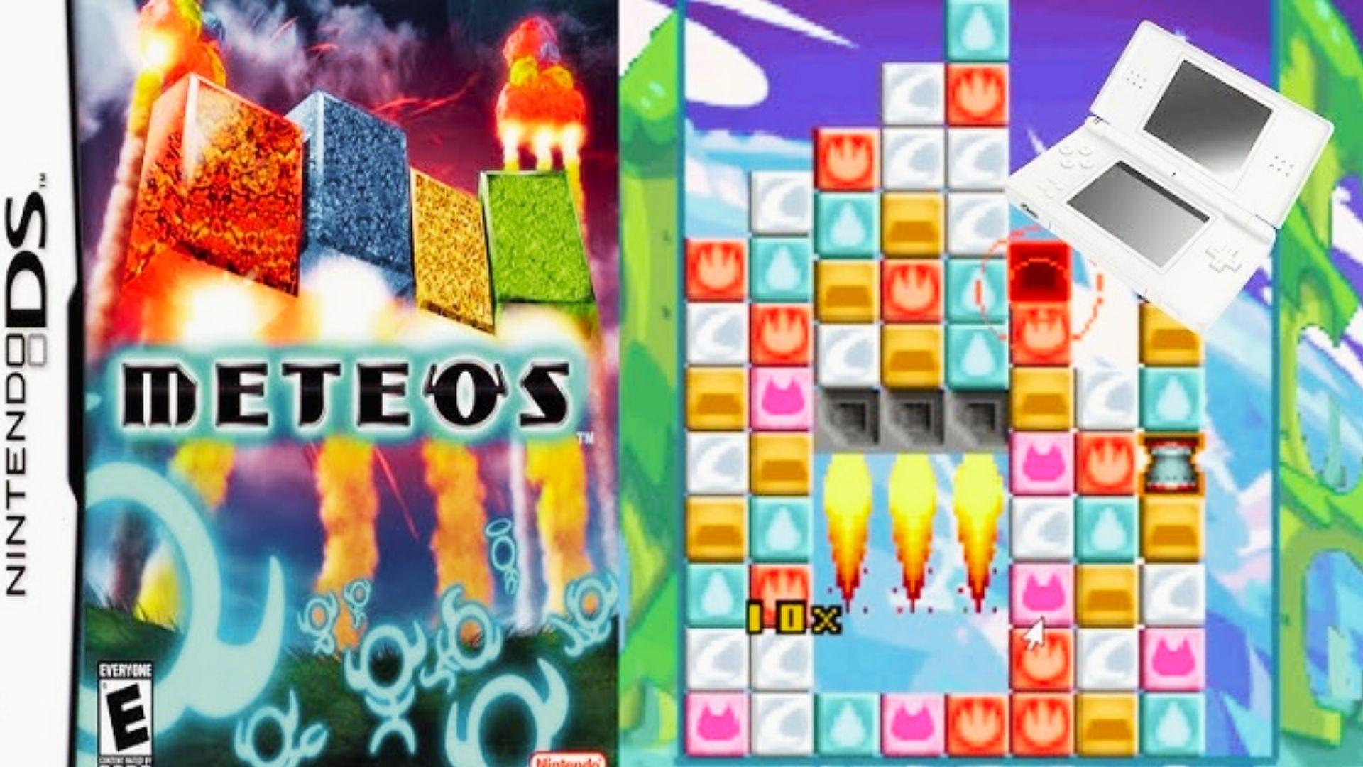 Meteos Nintendo DS cover with colorful block gameplay, white DS console overlay, explosion art, ESRB Everyone rating
