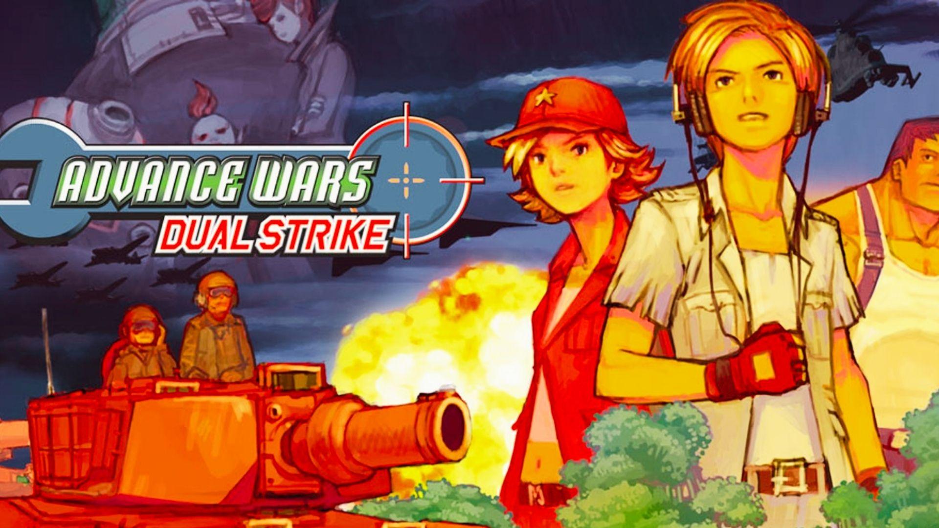 Advance Wars Dual Strike art with two characters, red tank, explosion, helicopters, soldiers, game logo, crosshair